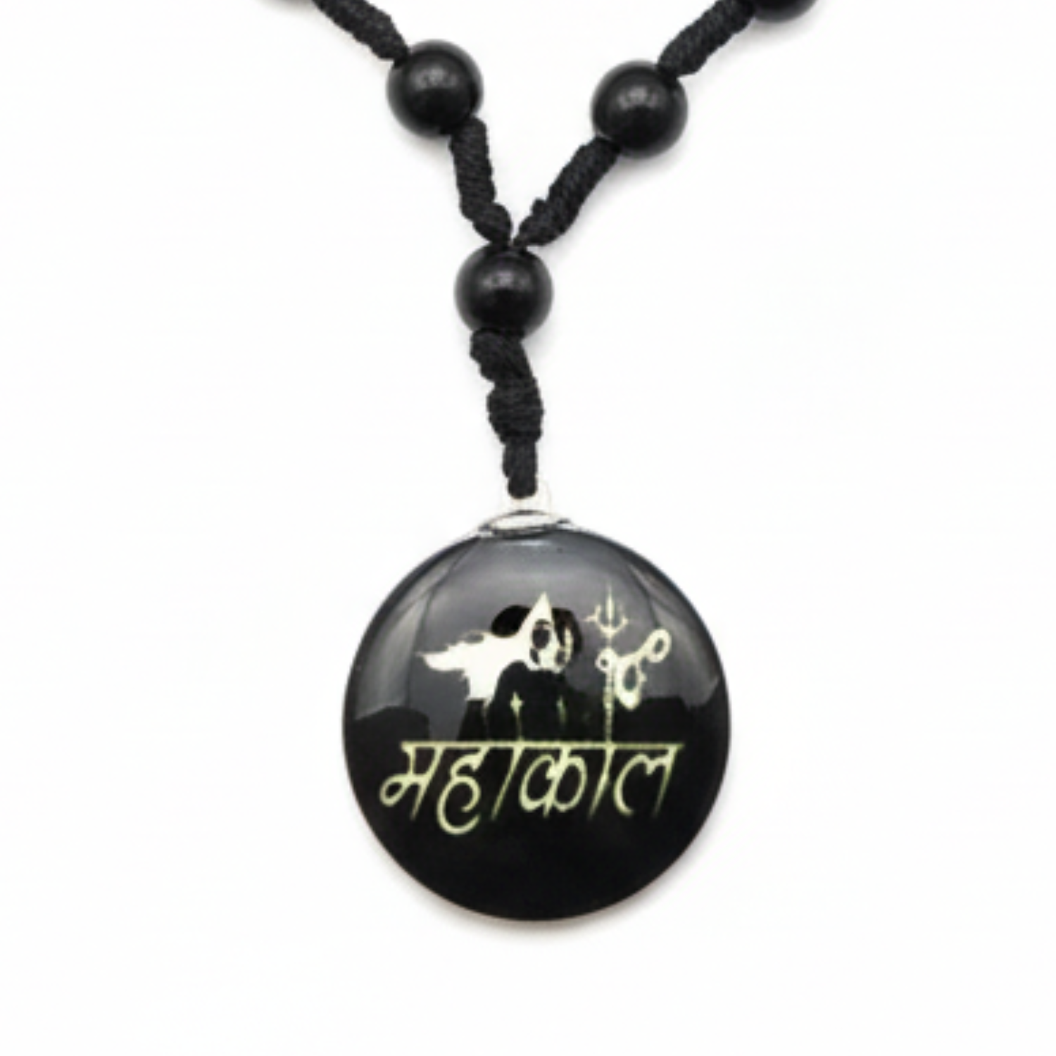 Black beaded necklace with a round pendant featuring gold text and symbols on a white background