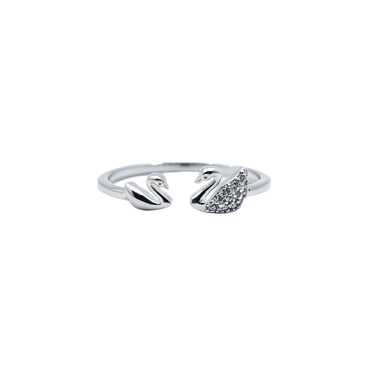 Silver swan-shaped ring with a white background