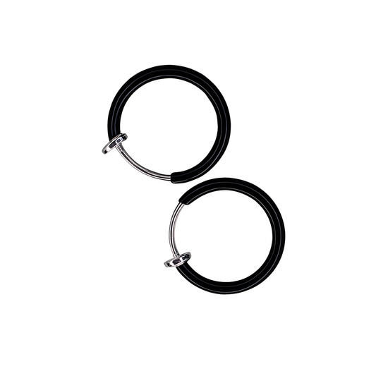 Two black hoop earrings on a white background