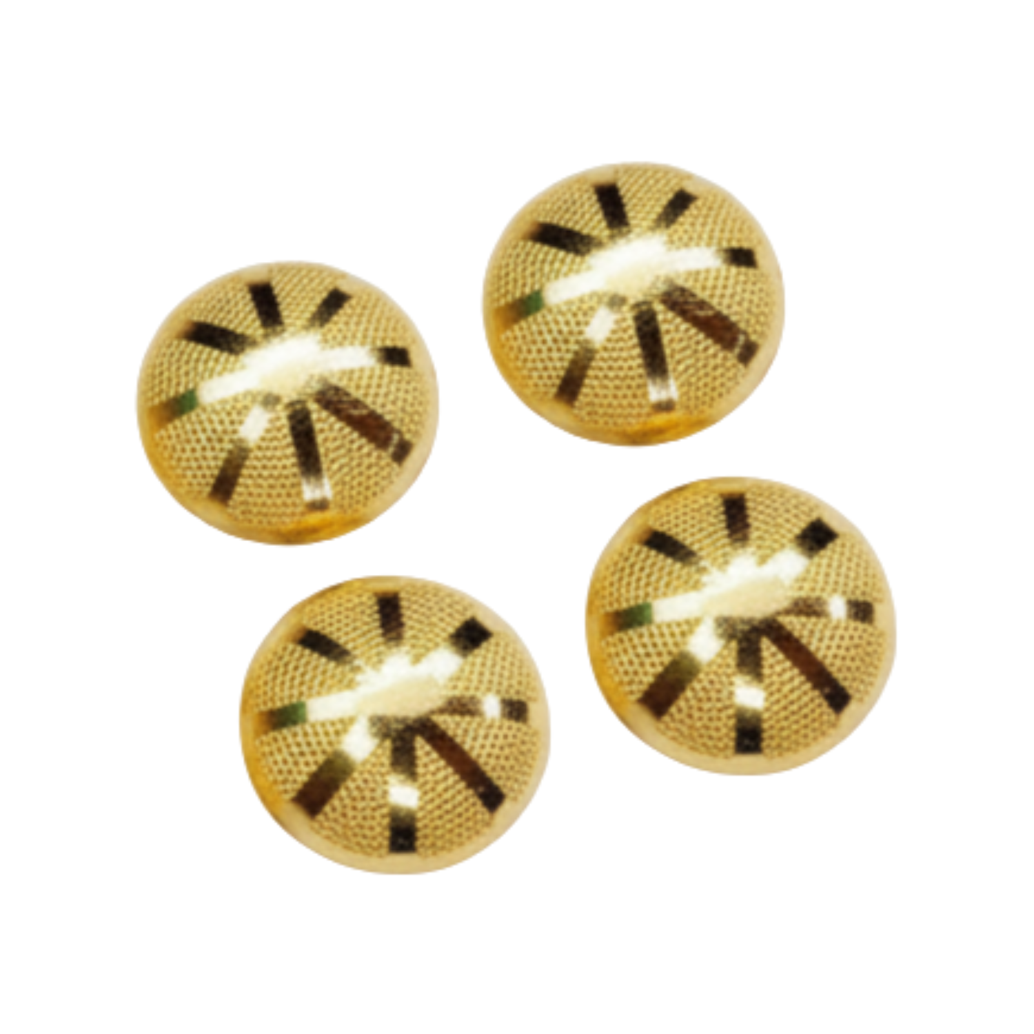 Four gold buttons stud with a textured pattern on a white background