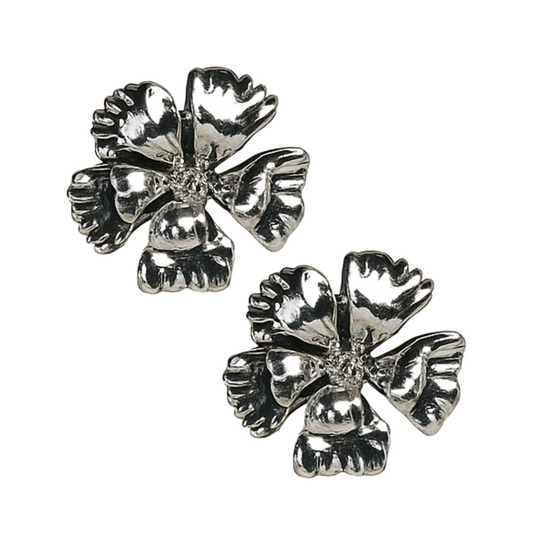 Pair of silver four-leaf clover earrings on a white background