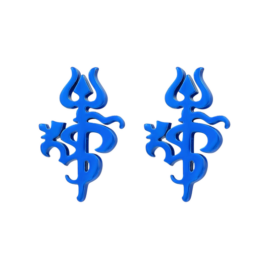 Blue earrings with om trishul intricate design on a white background