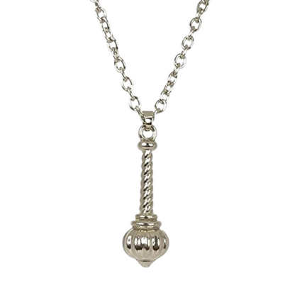 Silver necklace with a detailed pendant on a white background
