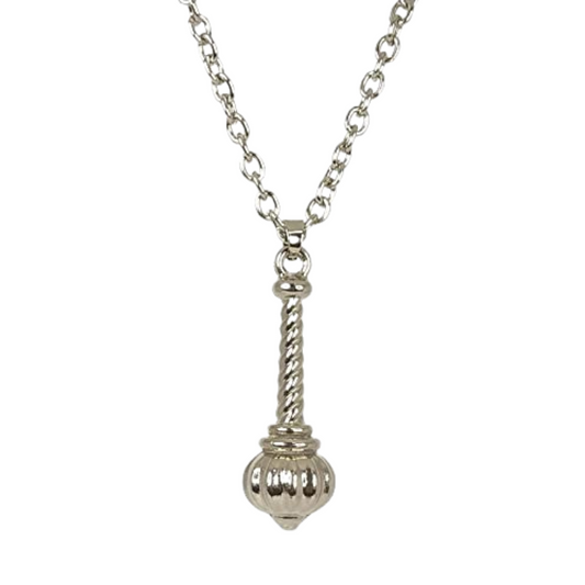 Silver necklace with a detailed pendant on a white background