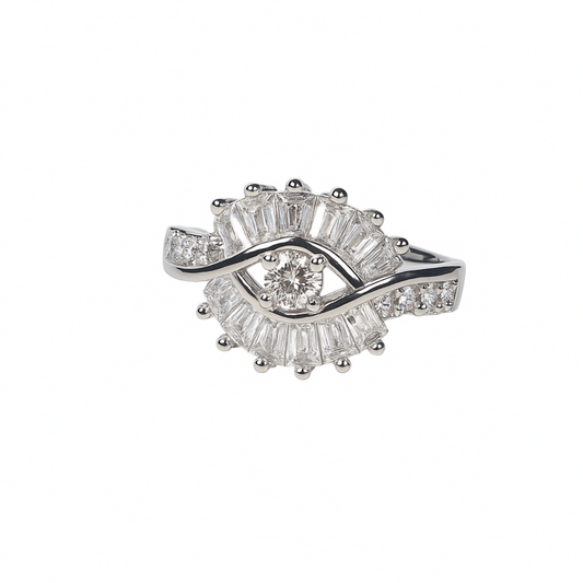 Diamond ring with a central diamond and baguette-cut stones on a white background