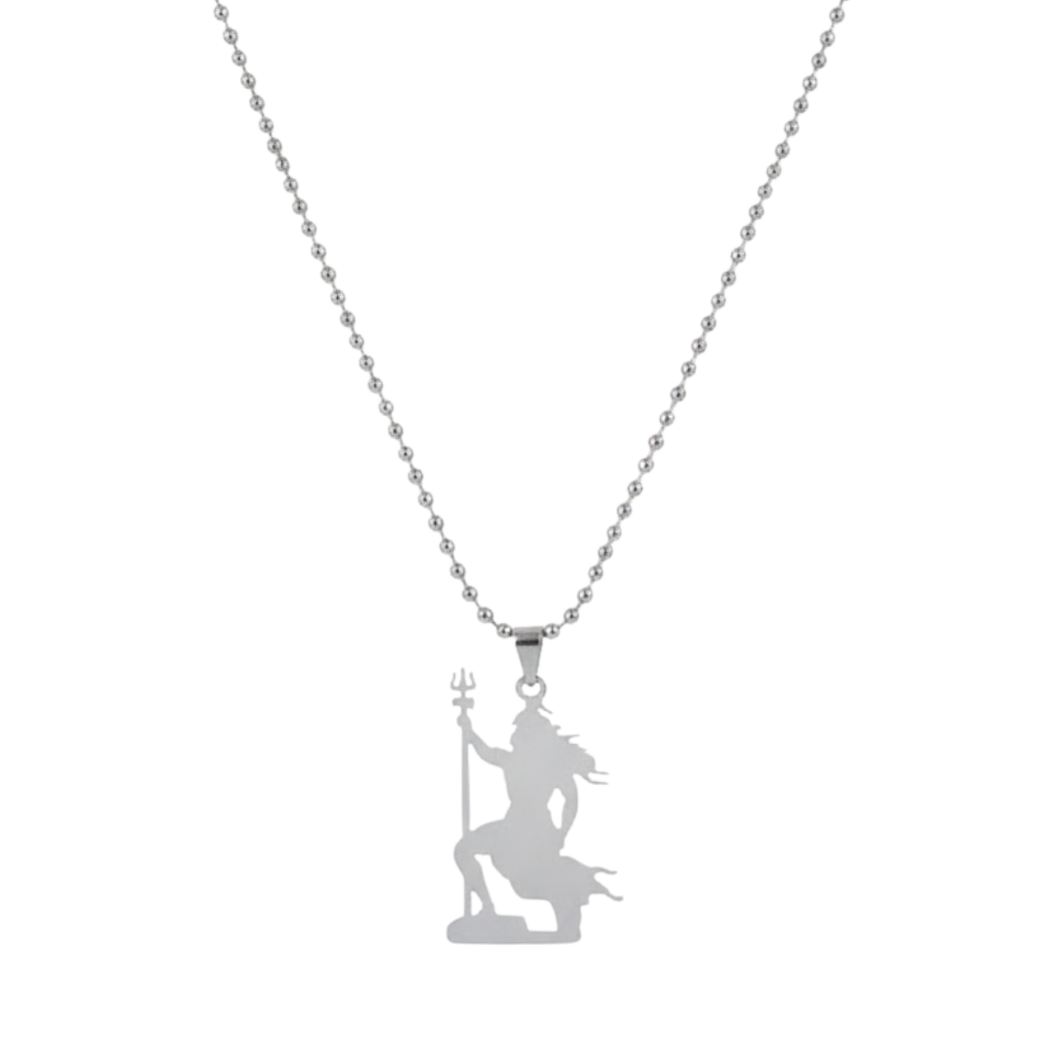 Silver shivji pendant necklace on a white background