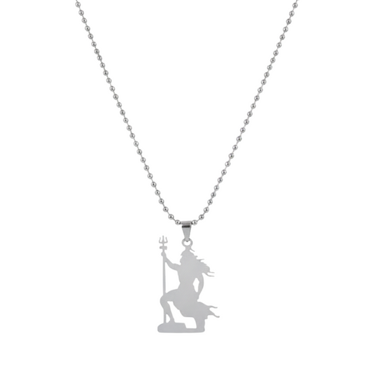 Silver shivji pendant necklace on a white background