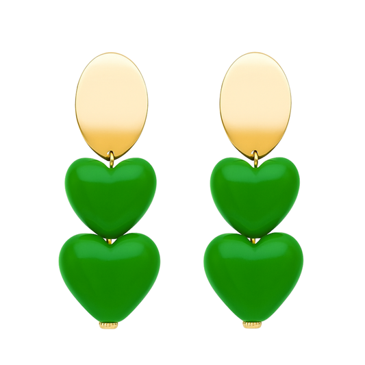 Pair of earrings with green heart-shaped drops and gold accents on a white background