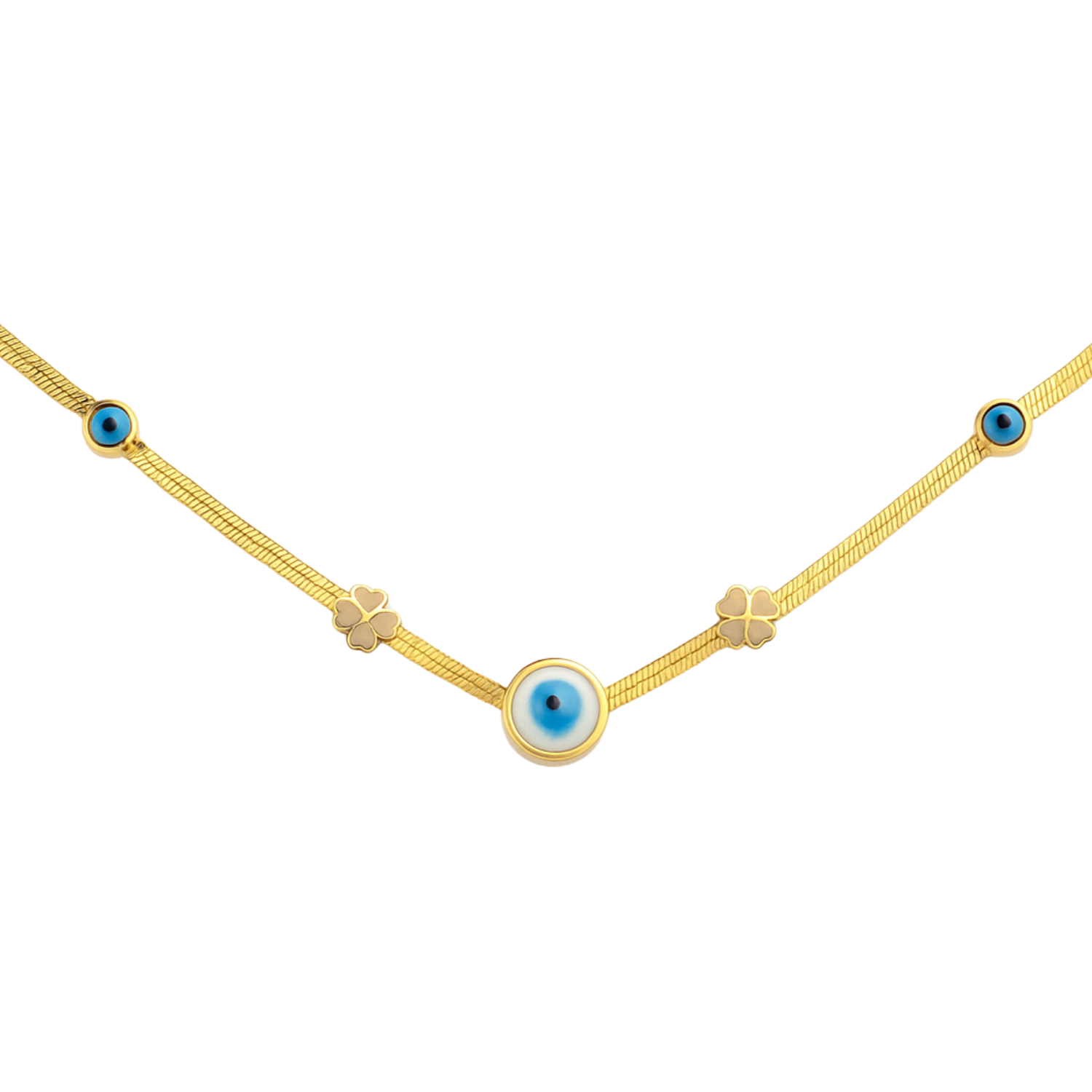Gold necklace with blue eye-shaped pendants on a white background