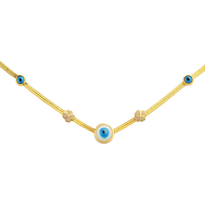 Gold necklace with blue eye-shaped pendants on a white background