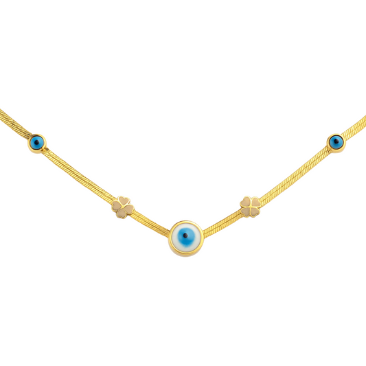 Gold necklace with blue eye-shaped pendants on a white background