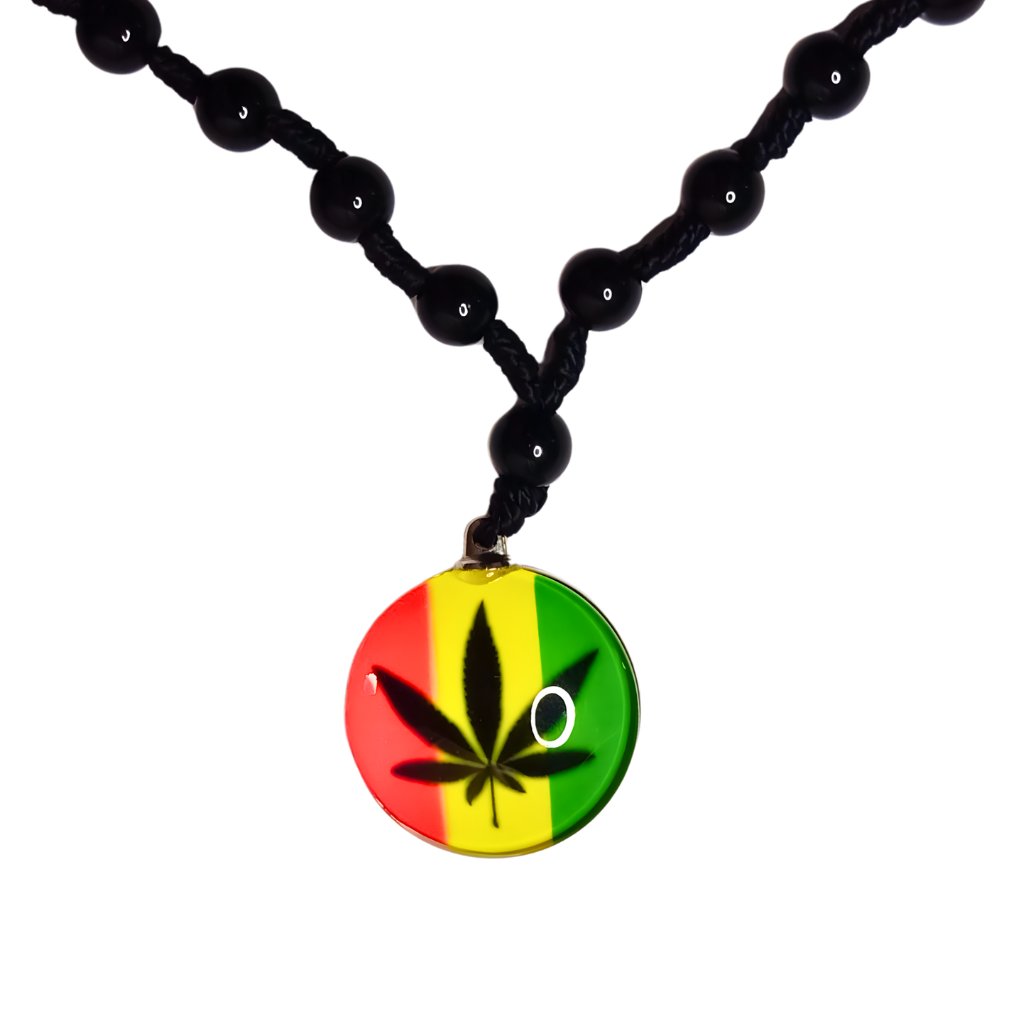 Necklace with a pendant featuring a cannabis leaf design on a white background