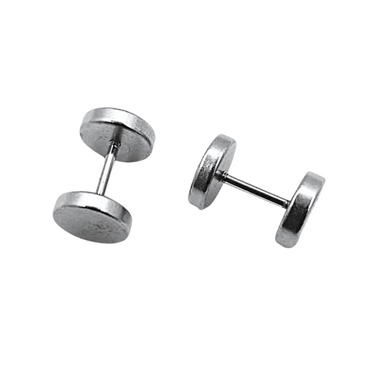 Pair of silver dumbbell-shaped earrings on a white background