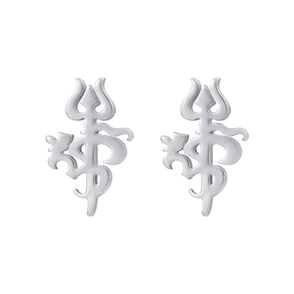 Pair of silver om stud earrings with a unique design on a white background