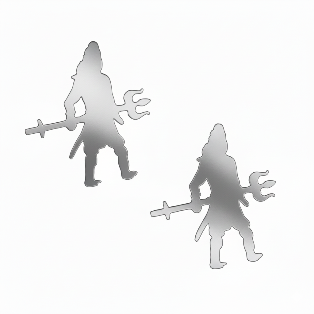 Metallic silver silhouette of a warrior with a sword and shield on a white background