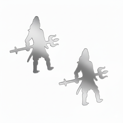 Metallic silver silhouette of a warrior with a sword and shield on a white background