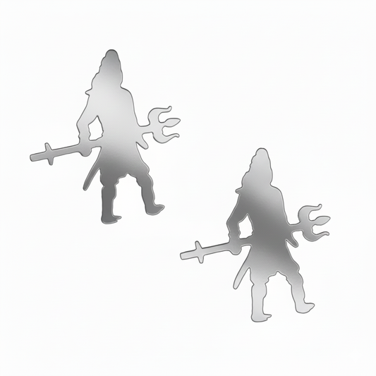 Metallic silver silhouette of a warrior with a sword and shield on a white background