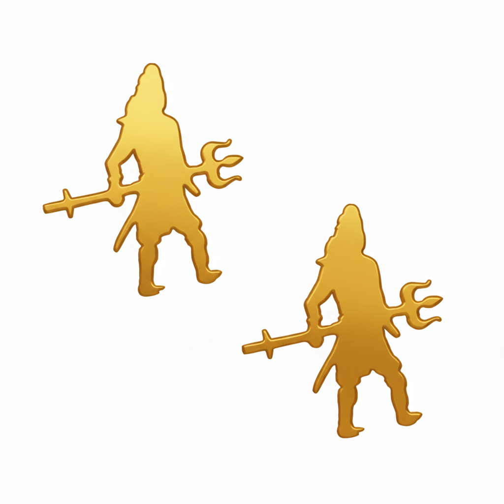 Gold silhouette earrings of a warrior with a spear on a white background