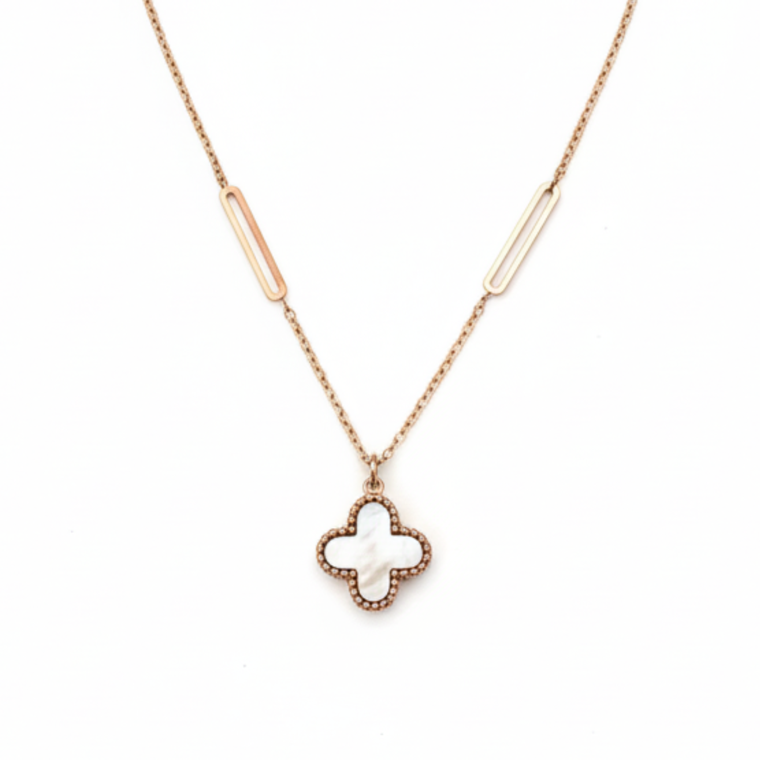 Necklace with a clover-shaped pendant on a white background