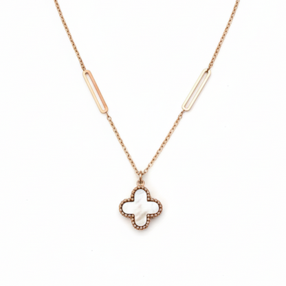 Necklace with a clover-shaped pendant on a white background