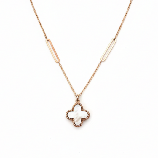 Necklace with a clover-shaped pendant on a white background