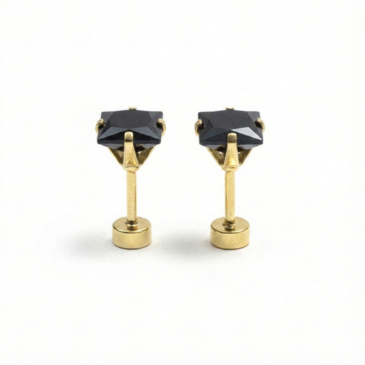 Pair of gold stud earrings with black gemstones on a white background