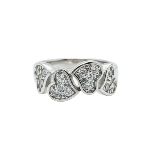 Silver ring with heart-shaped designs on a white background