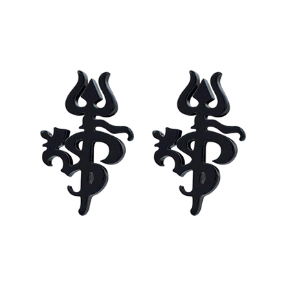 Black om trishul symbol earrings on a white background