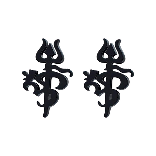 Black om trishul symbol earrings on a white background