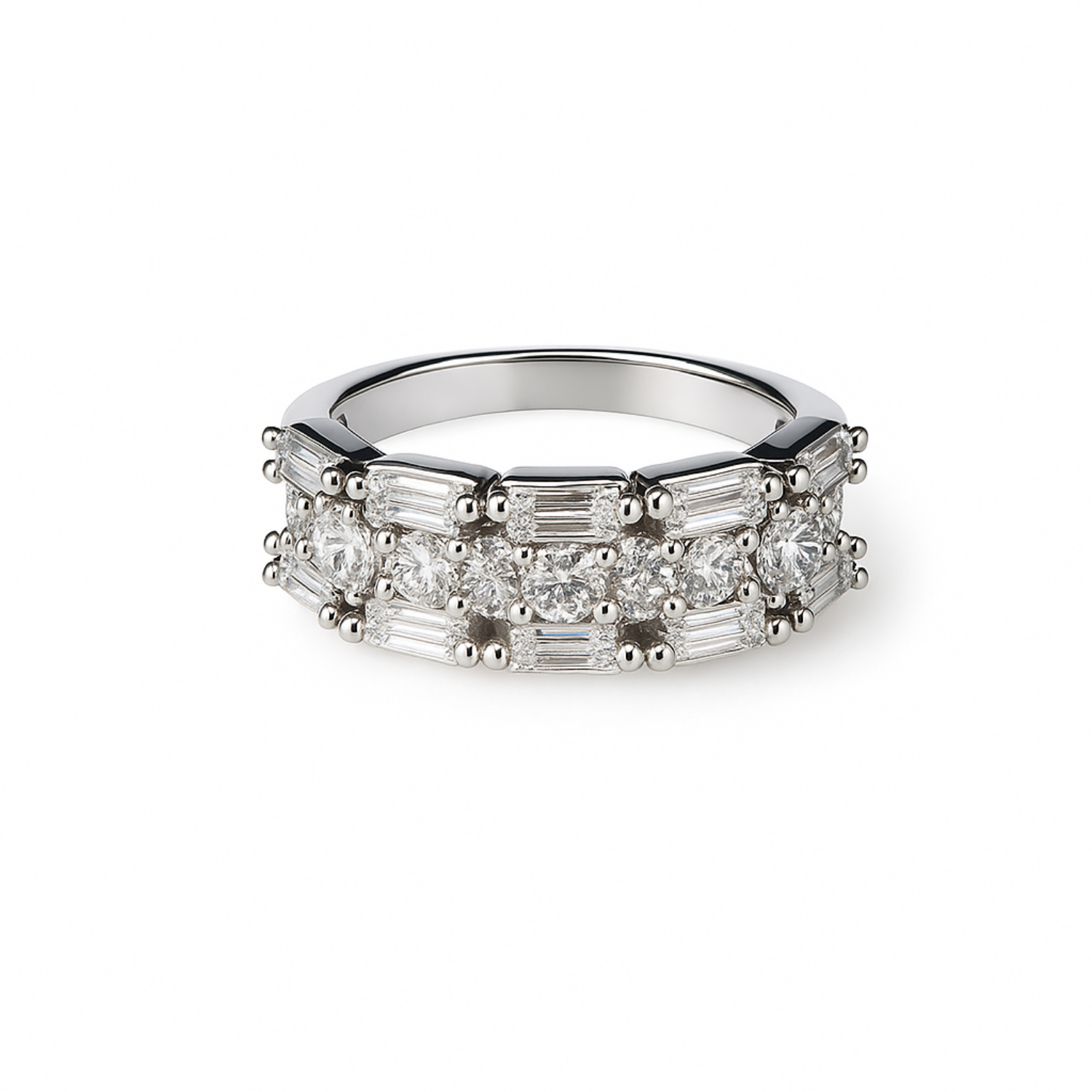 Silver ring with multiple diamond settings on a white background