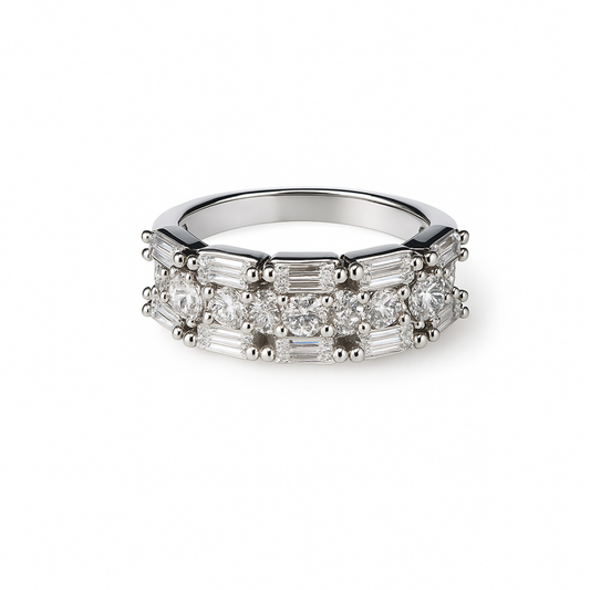 Silver ring with multiple diamond settings on a white background