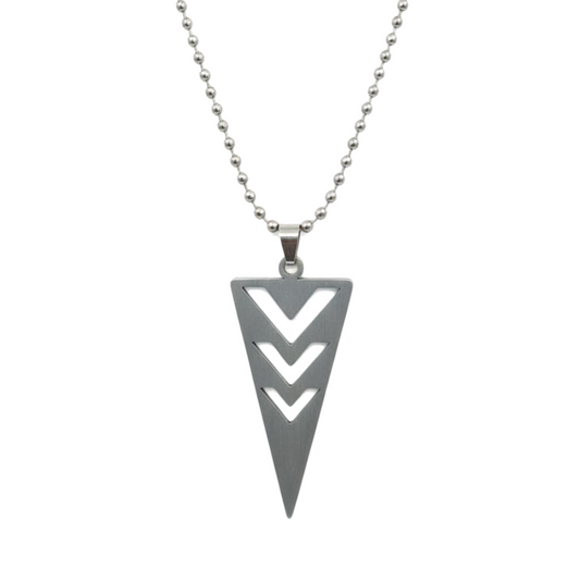 Silver necklace with a triangular pendant on a white background