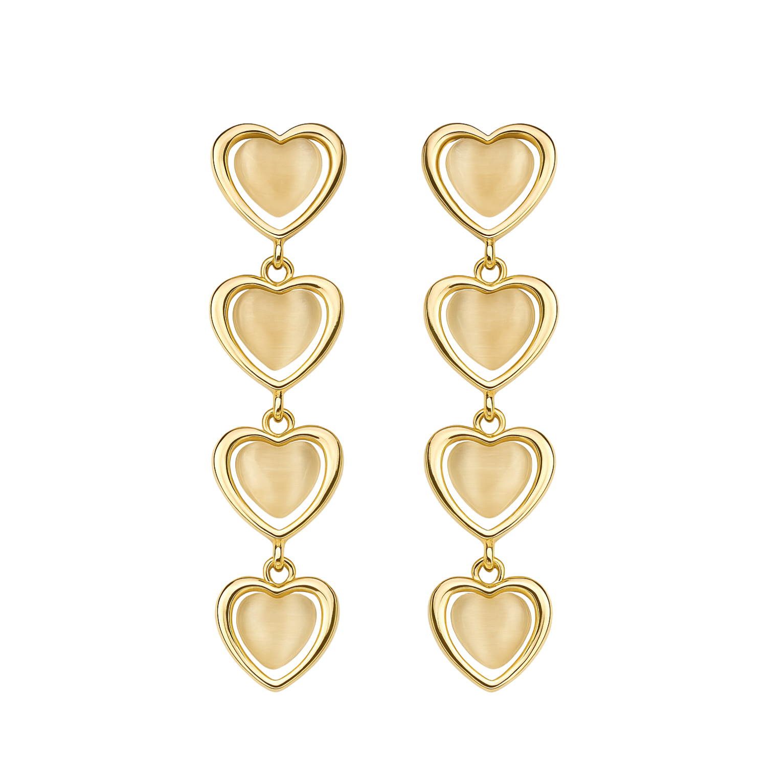 Gold heart-shaped earrings on a white background