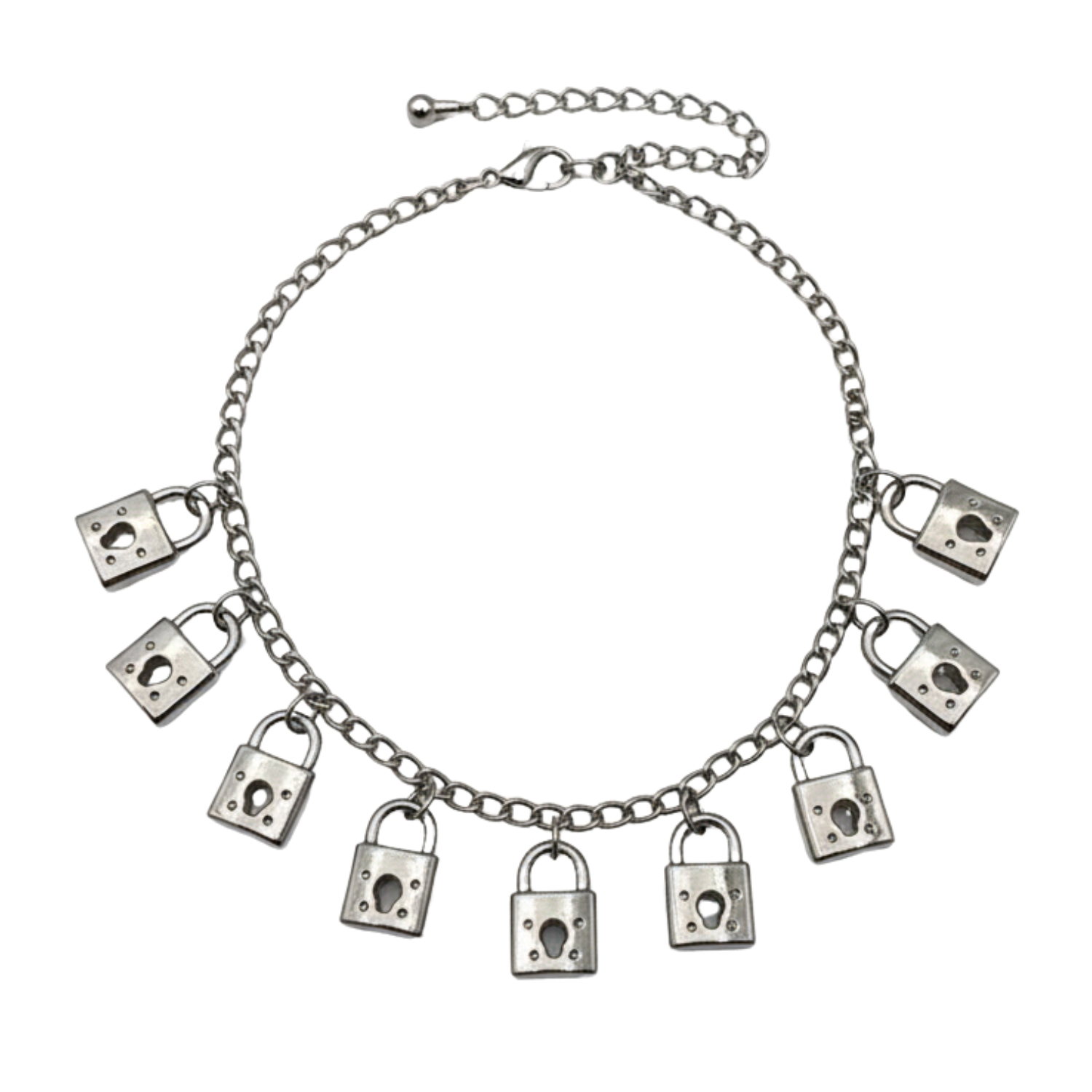 Silver anklet bracelet with padlock charms on a white background