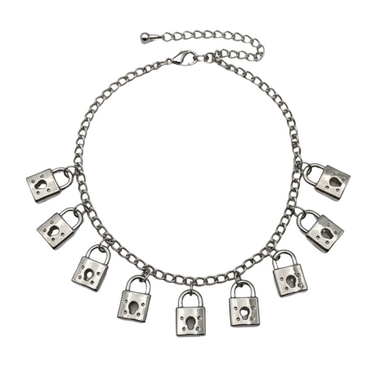 Silver anklet bracelet with padlock charms on a white background