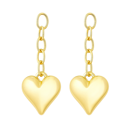 Gold heart-shaped earrings with chain links on a white background