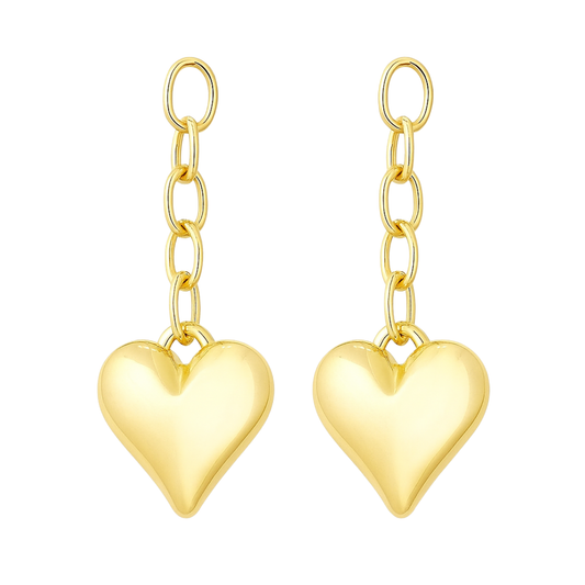 Gold heart-shaped earrings with chain links on a white background