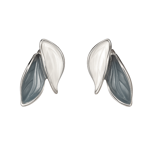 Pair of silver earrings with white and gray marbled design on a white background
