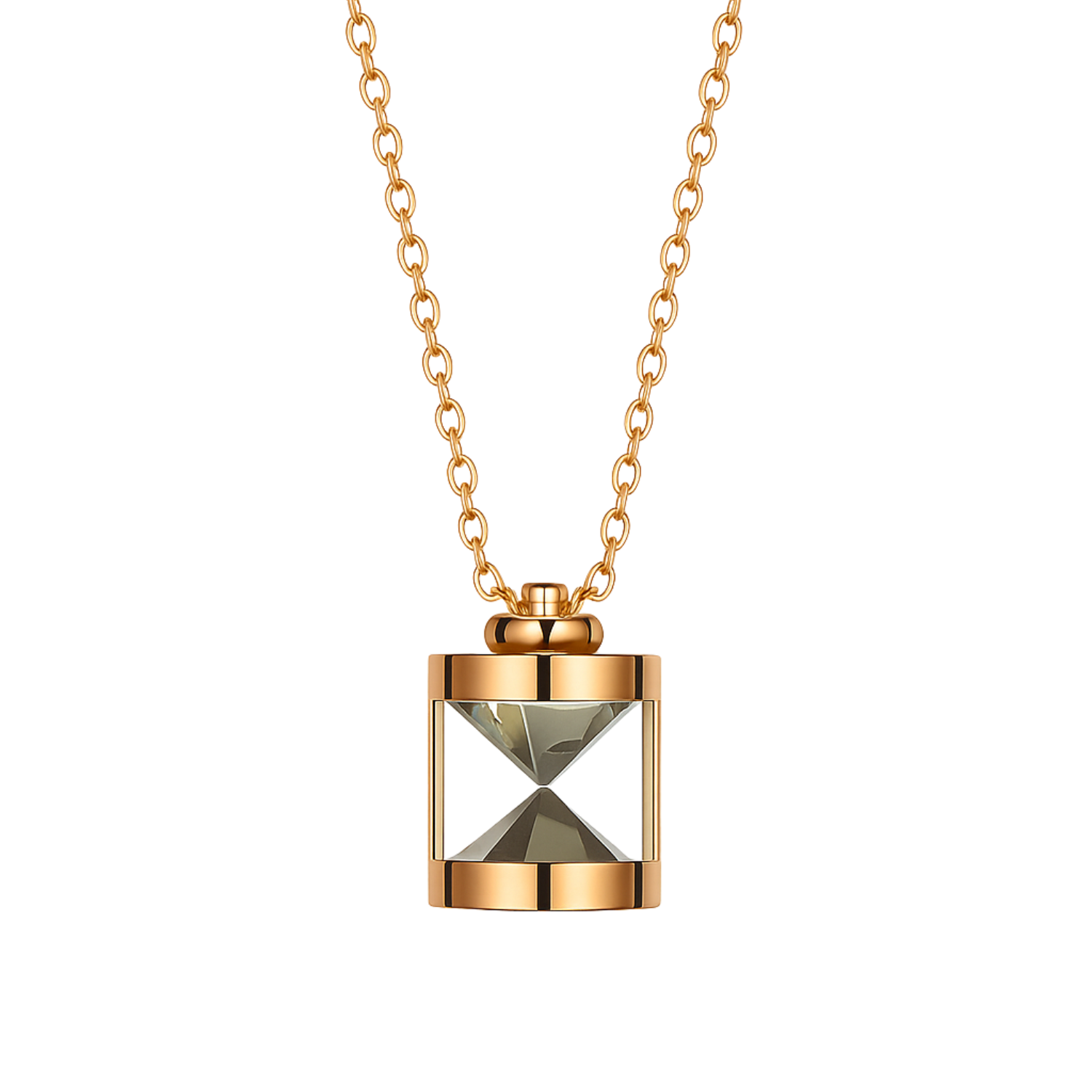 Gold necklace with a unique pendant on a white background