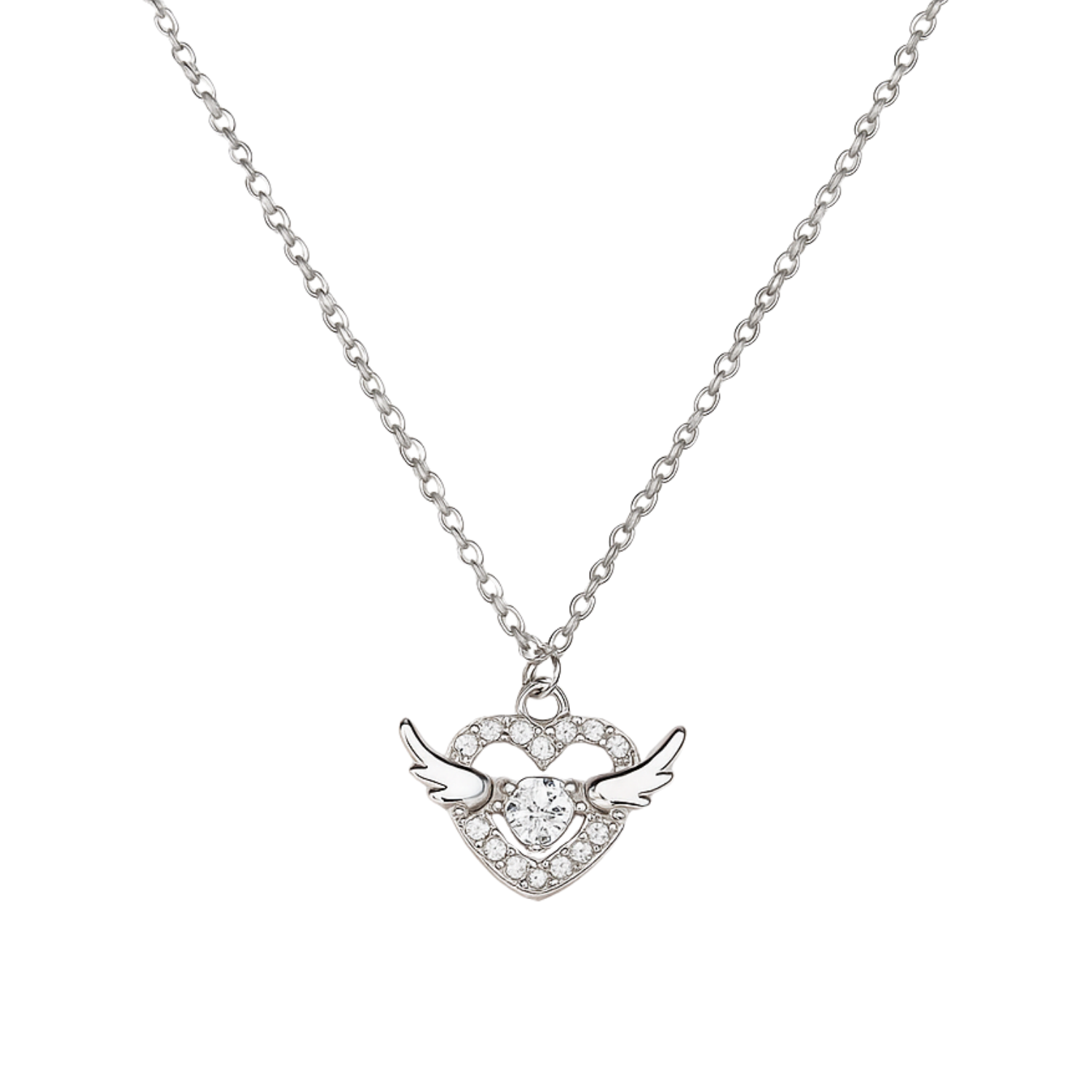 Silver necklace with a heart-shaped pendant featuring wings on a white background