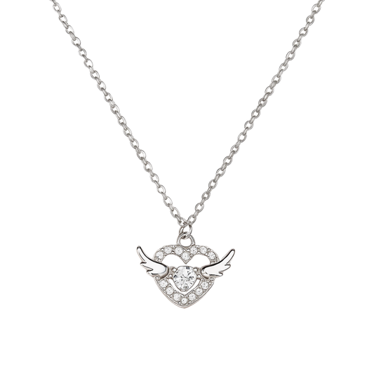 Silver necklace with a heart-shaped pendant featuring wings on a white background