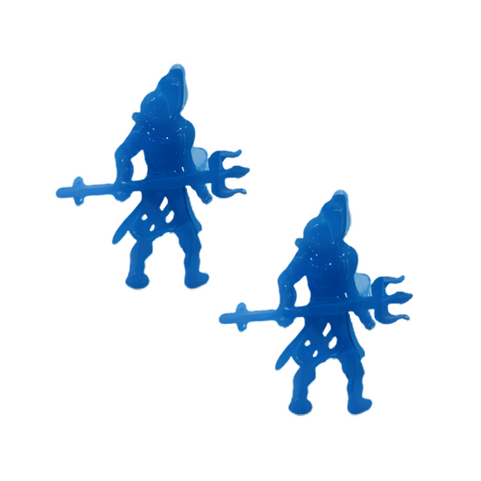 Two blue shiv stud figurines with spears on a white background