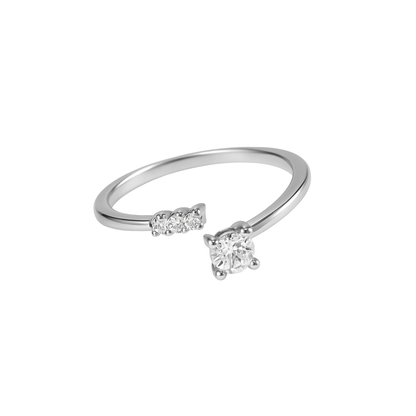 Silver ring with two diamond-like stones on a white background