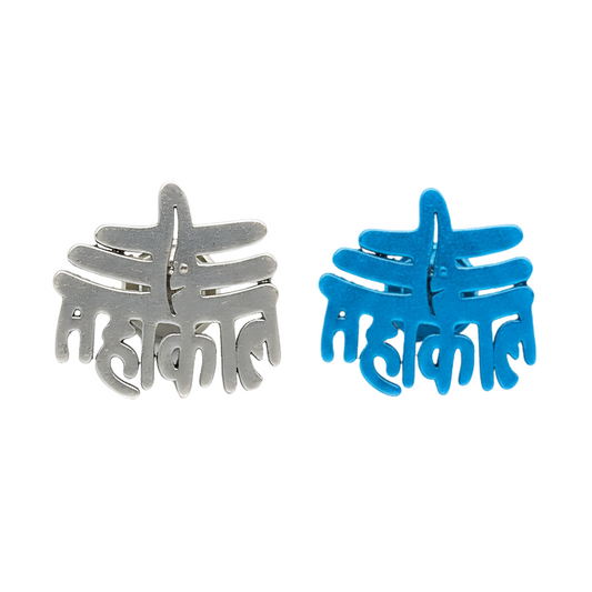 Silver and blue earrings with intricate designs on a white background