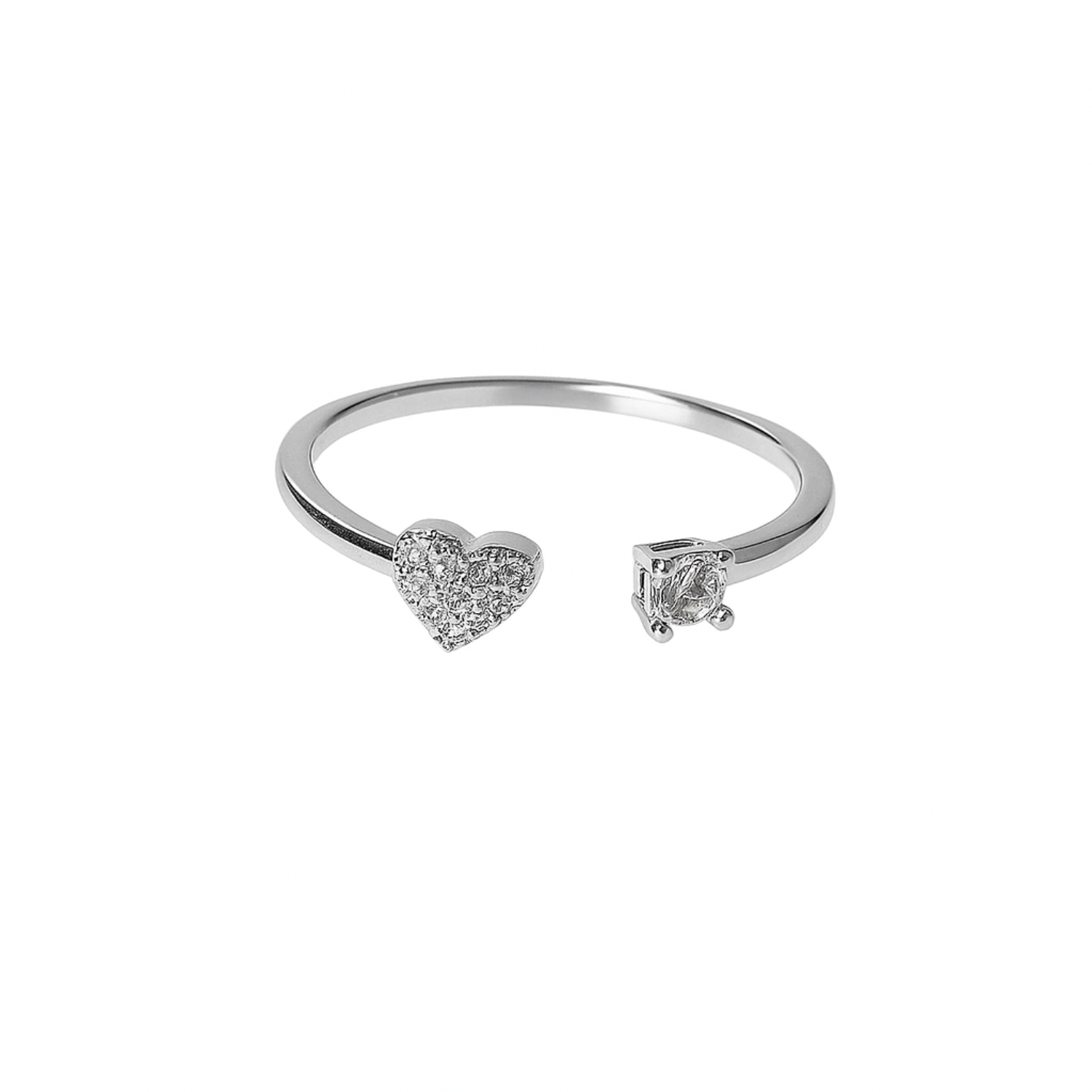 Silver open ring with heart and triangle-shaped gemstones on a white background