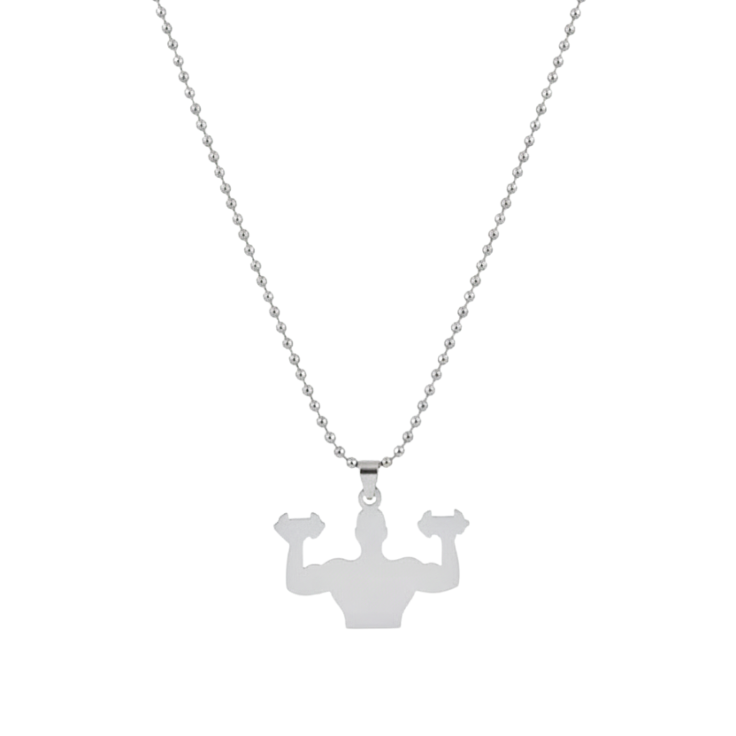 Silver necklace with a pendant of a person flexing muscles on a white background