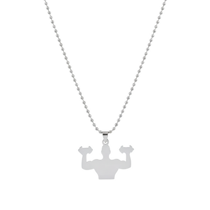 Silver necklace with a pendant of a person flexing muscles on a white background
