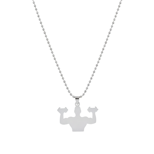 Silver necklace with a pendant of a person flexing muscles on a white background