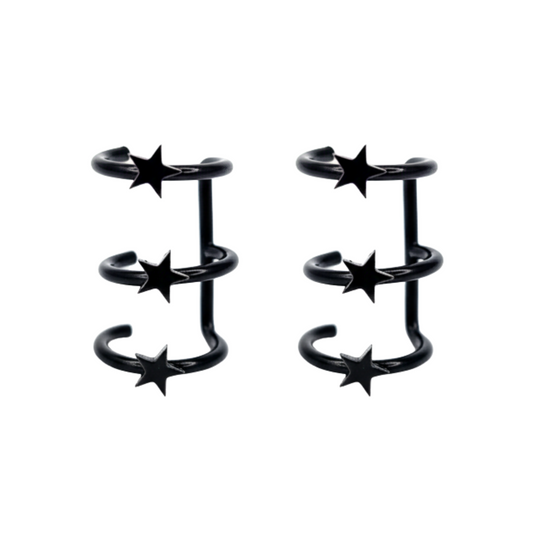 Pair of black star-shaped earrings on a white background
