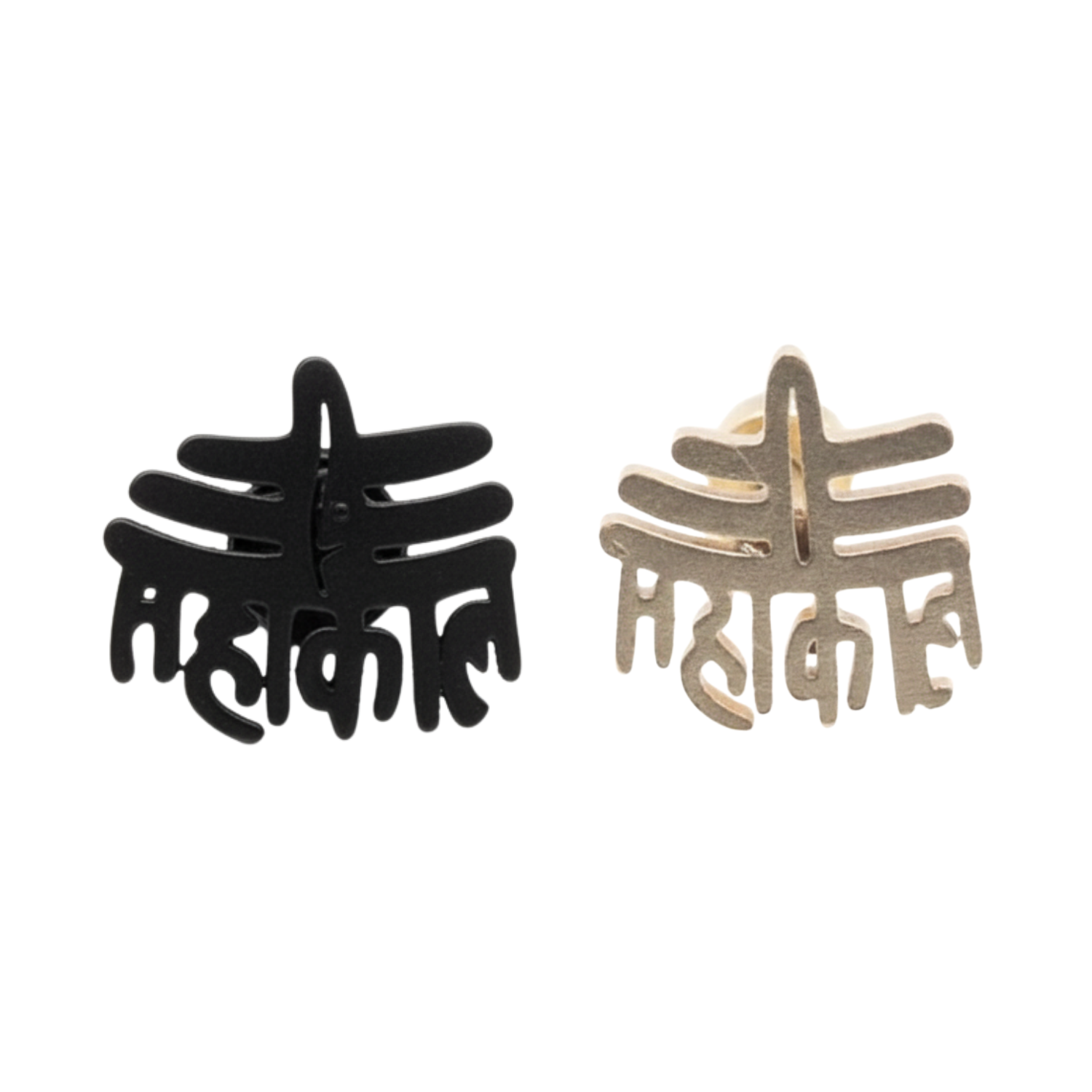 Black and gold earrings with intricate designs on a white background